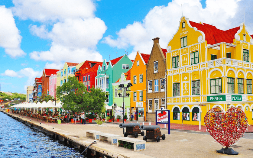 Willemstad, Curacao, Handelskade, zon- vliegvakantie bestemmingen buiten Europa